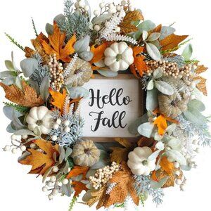 20inch Thanksgiving Fall Wreath, Eucalyptus Berries Pumpkins Lamb Ears Leaves